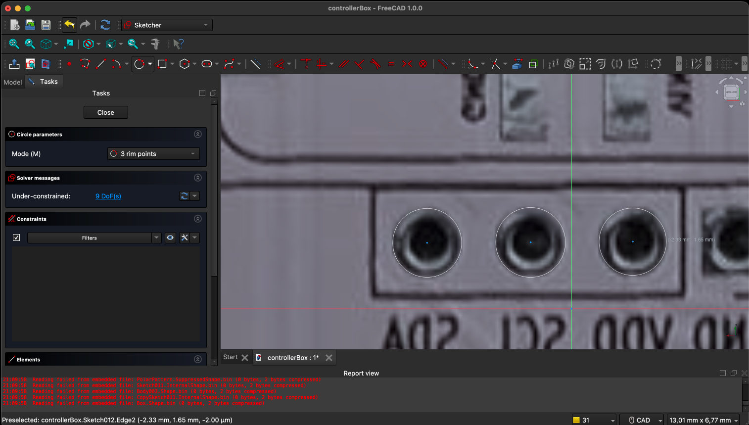 FreeCAD Sketcher workbench showing a 2D sketch with circles and construction lines on the XY plane