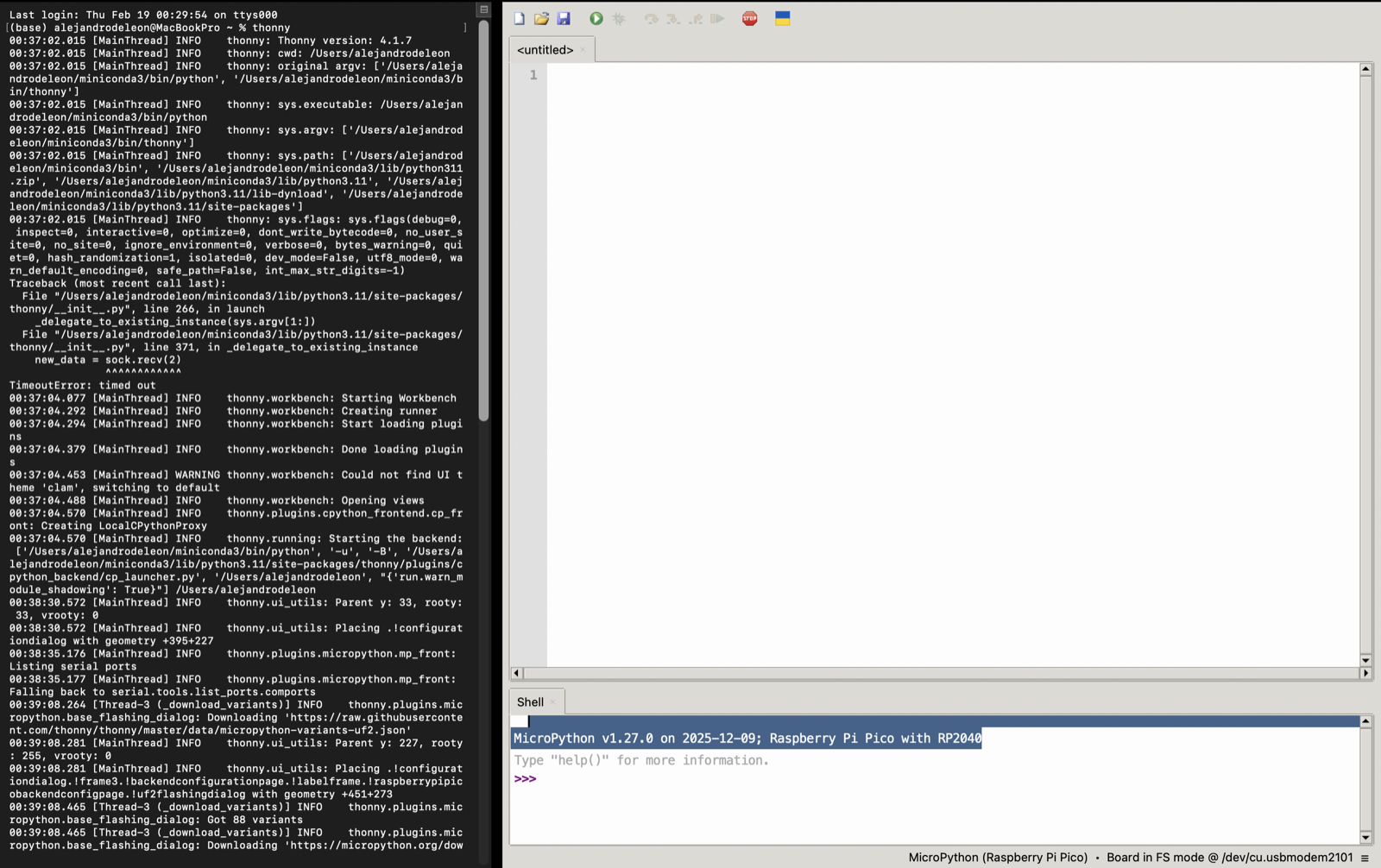 Thonny IDE connected to the XIAO SAMD21 module via MicroPython REPL, showing the interactive console