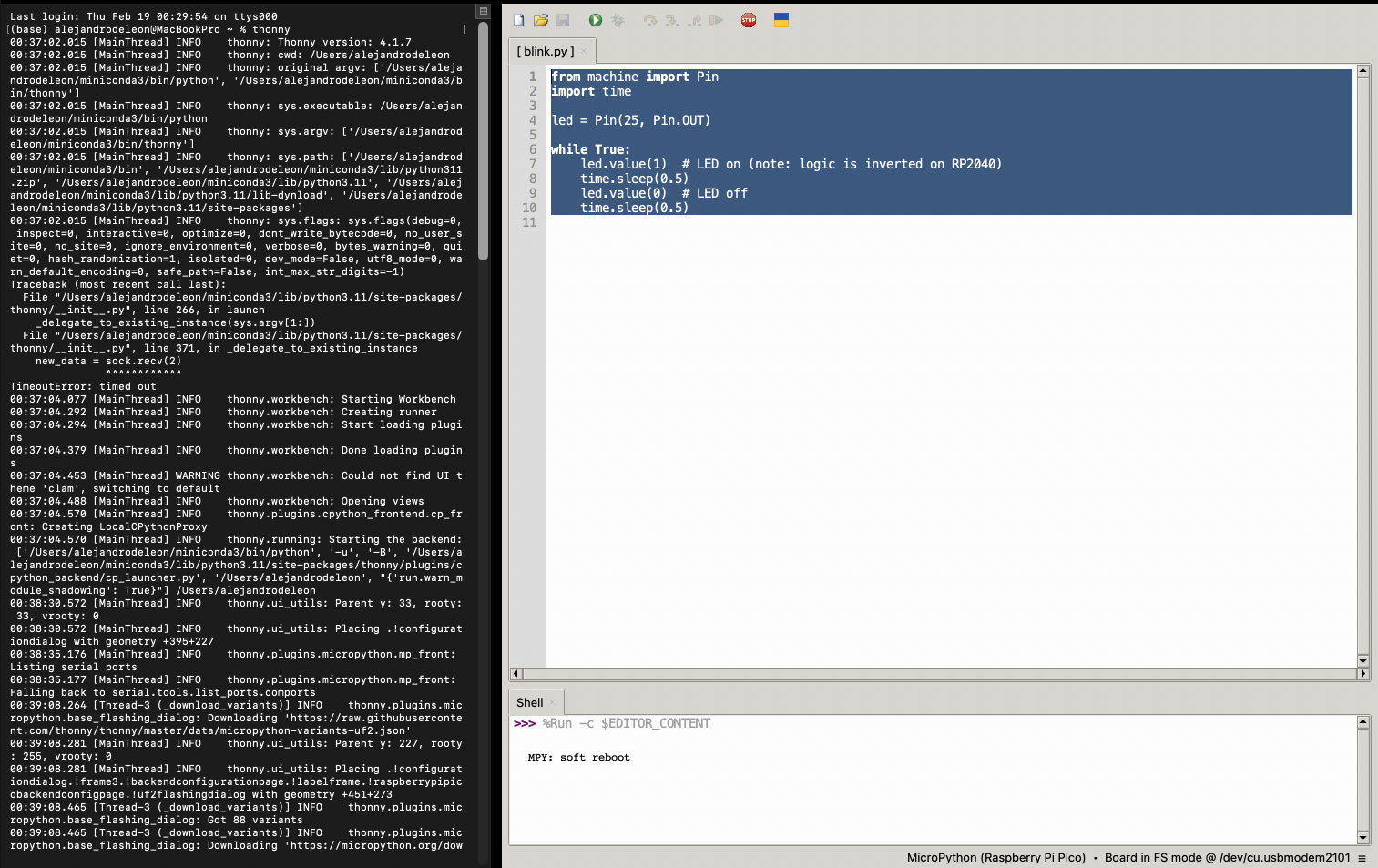 Thonny IDE showing the LED blink script running on the XIAO module, output visible in the REPL console