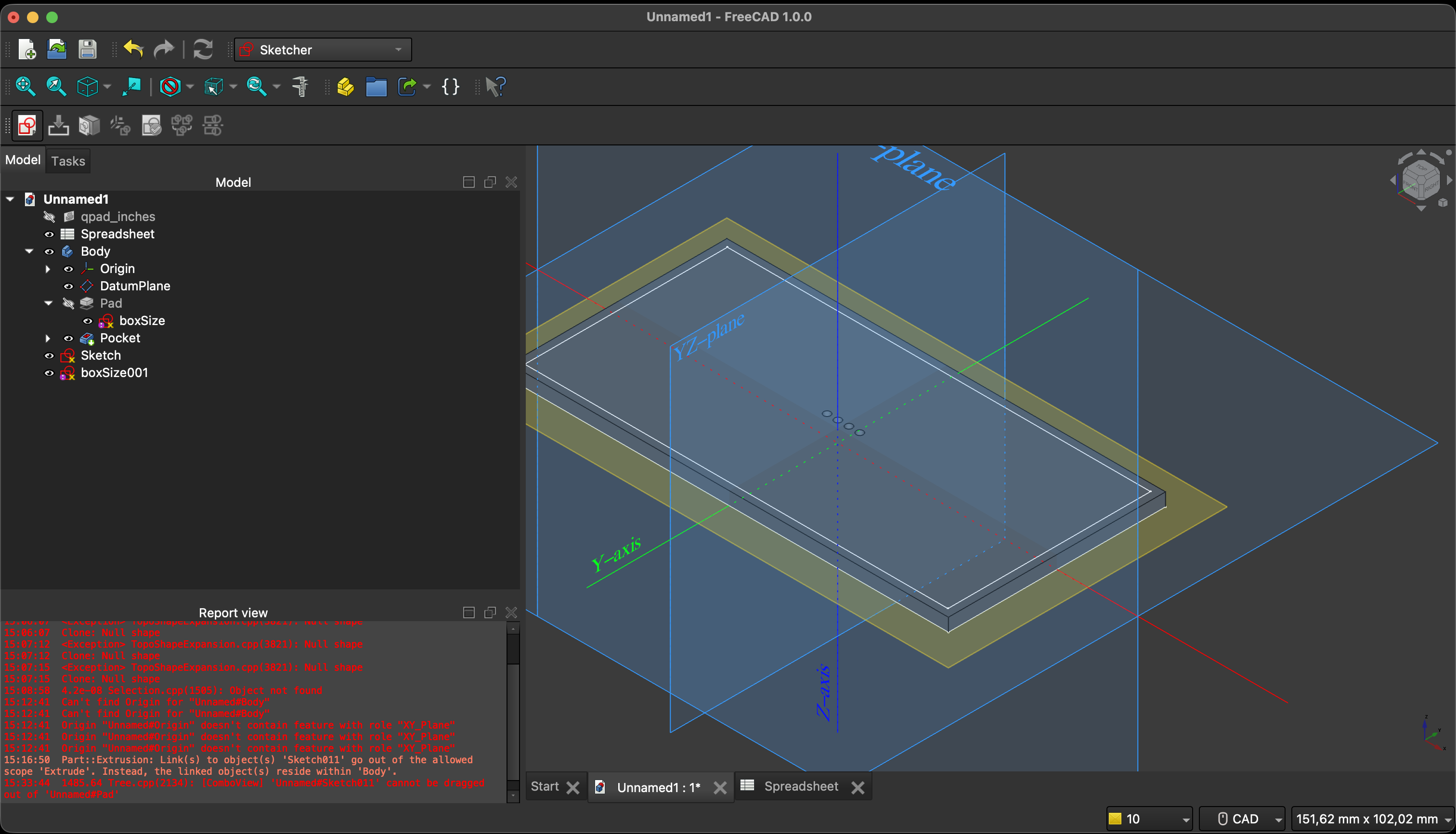 3D model of controller base panel in FreeCAD Part Design workbench after Pad extrusion